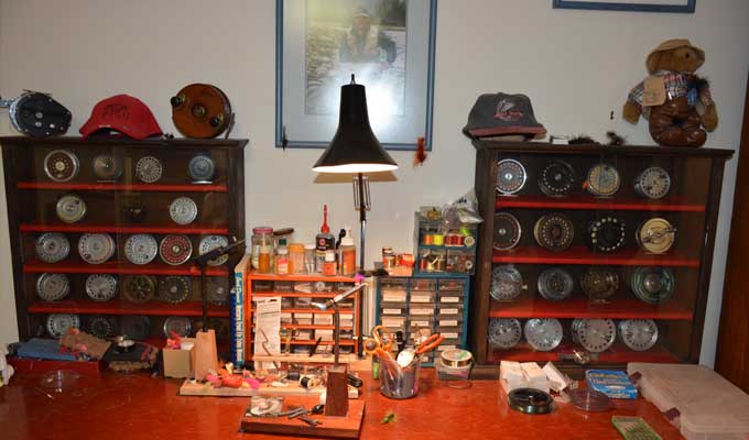 Fly tying desk and reel collection
